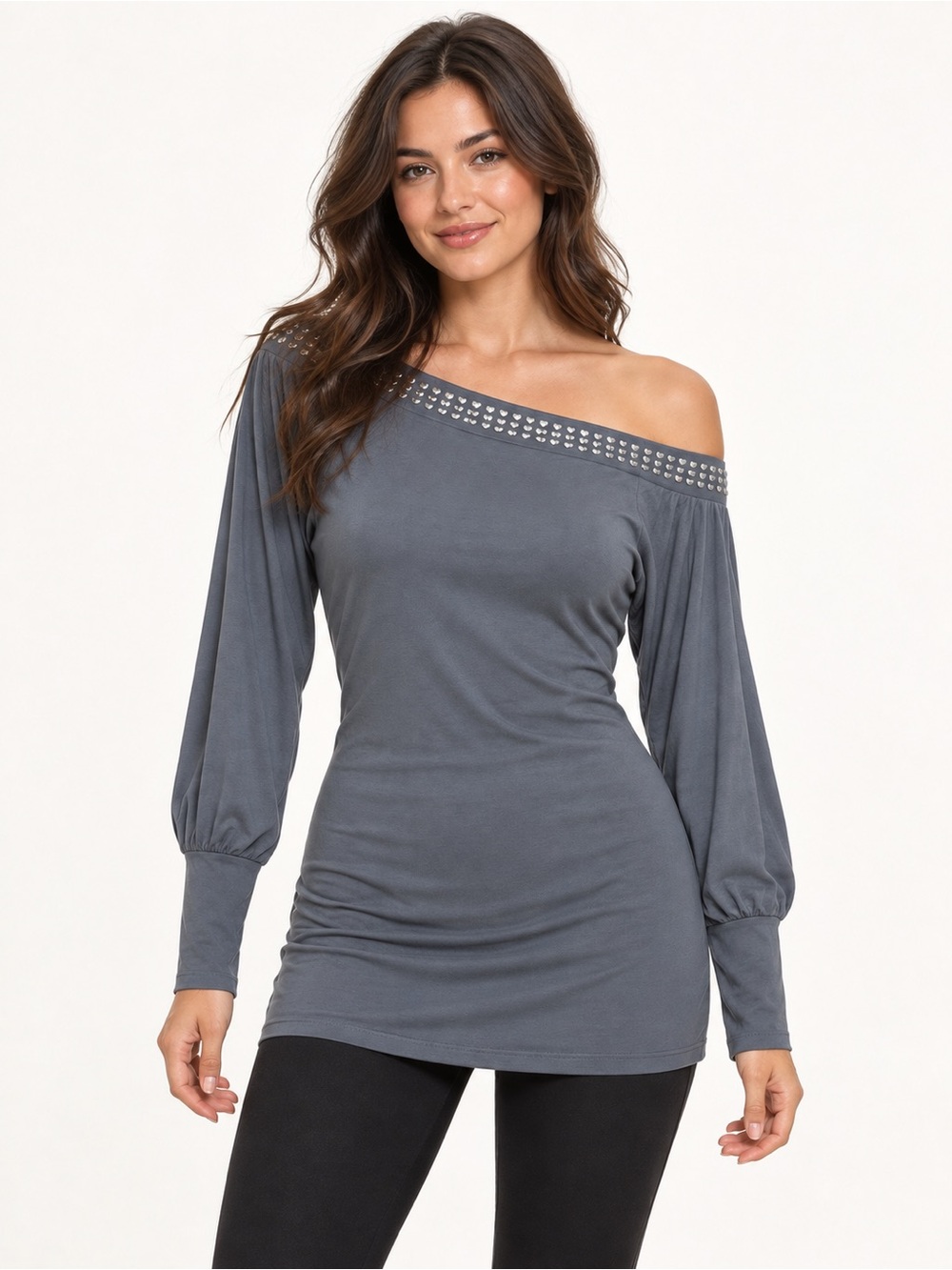 VENUS Off-Shoulder Long Sleeve Tunic Top with Stud Trim - Gray